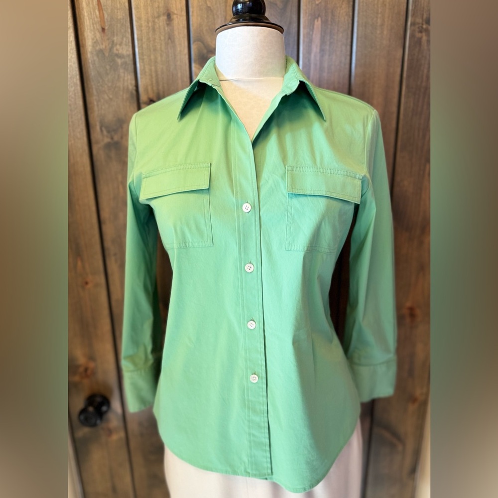 Theory Green Fitted 3/4 Sleeve Button Down Shirt M